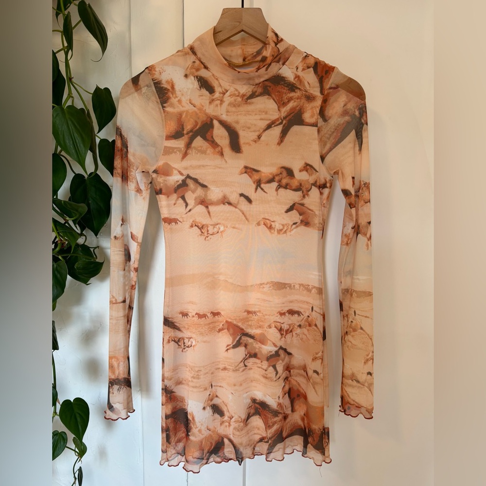 UO Alessia Mock Neck Mini Dress in Desert Horse Print